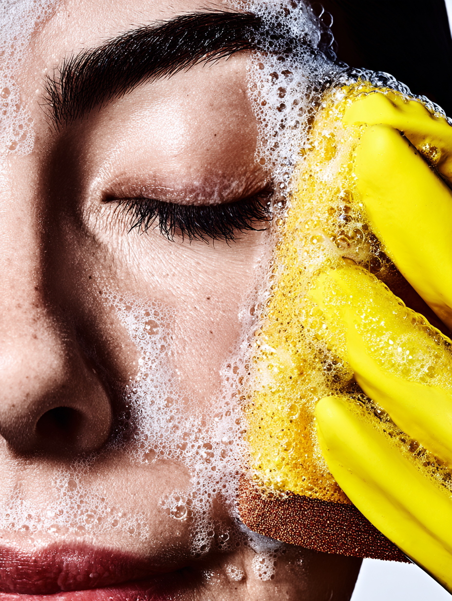 Close-up of a woman with her eyes closed, washing her face with soap and using a yellow sponge.