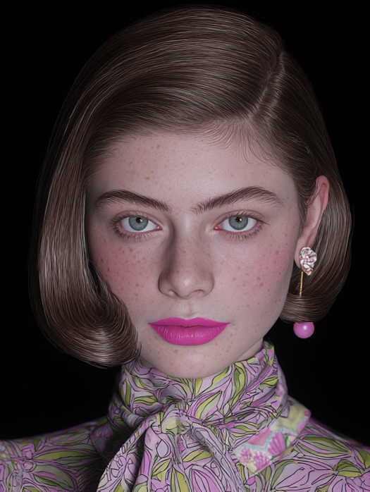 Close-up of a young woman with light skin, blue eyes, voluminous brown hair styled in a vintage wave, bright pink lipstick, and unique earrings, against a black background.