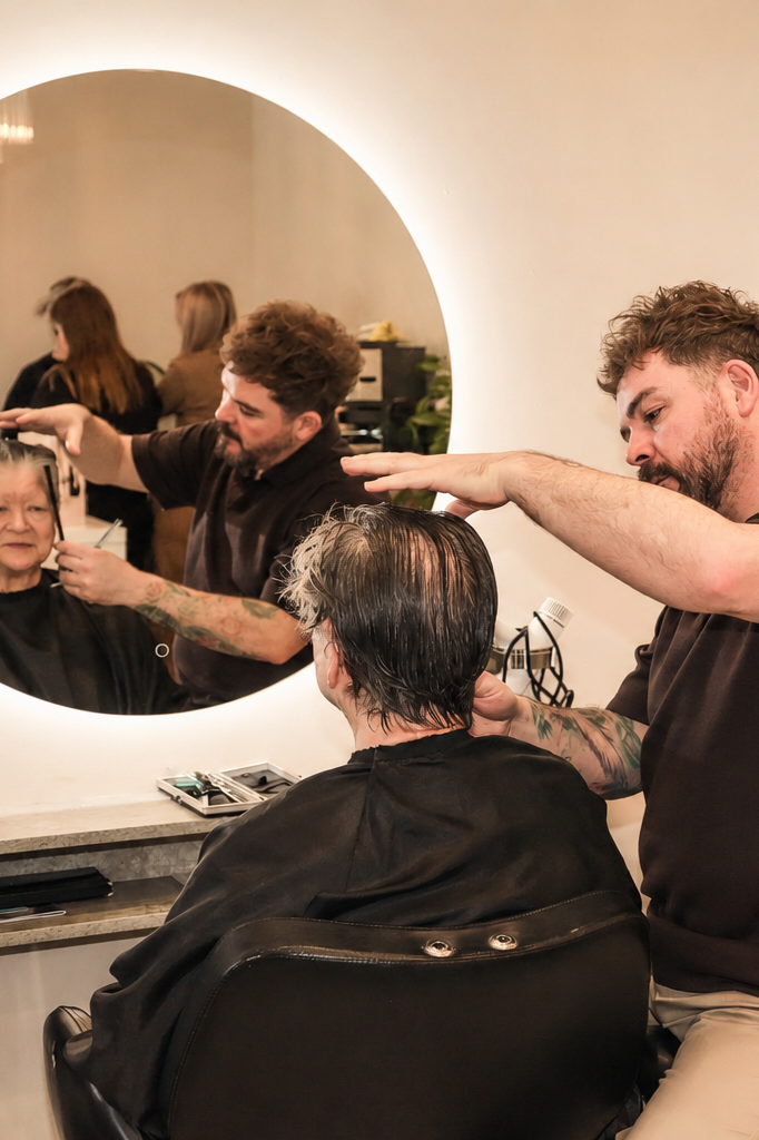 A hairstylist using a flat iron to straighten a woman's hair in a salon.