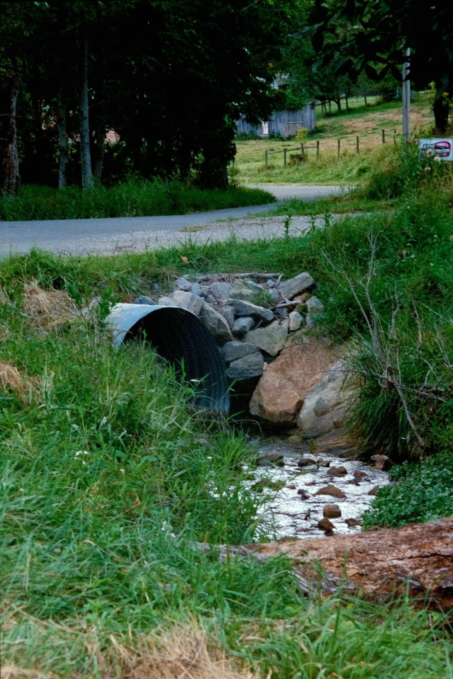 A small creek flowing through a grassy area with rocks, surrounded by trees and a house in the background.