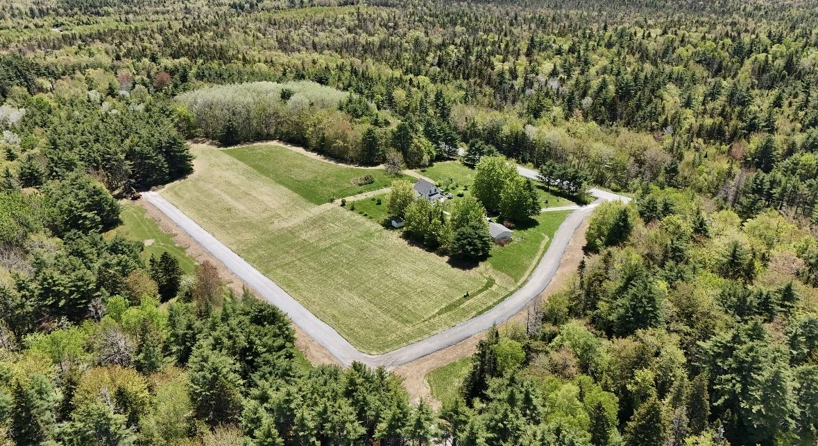 An aerial view of a large house surrounded by trees and open grassy fields, with a curved driveway leading to the house, set in a forested area.