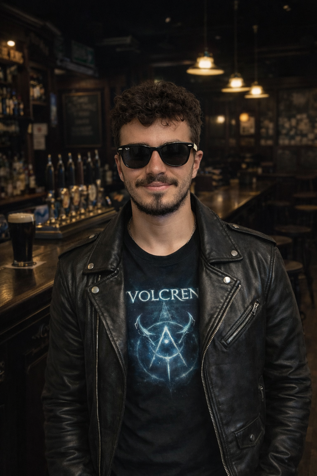 Un uomo giovane con capelli ricci, barba e occhiali da sole neri indossa una giacca in pelle nera e una maglietta con il logo di Volcren in un bar con luci calde e bottiglie sullo sfondo.