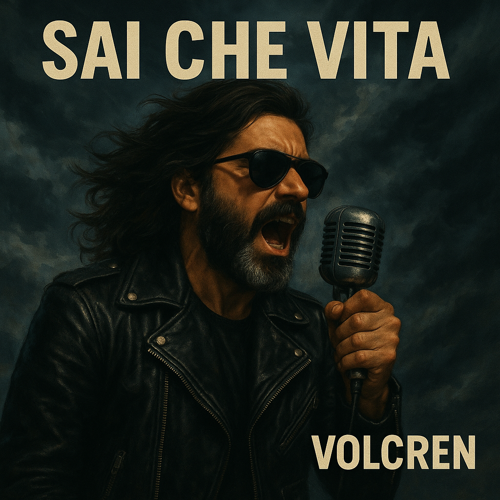 Un uomo con capelli lunghi, barba e occhiali neri, vestito con una giacca in pelle, che urla mentre tiene un microfono. Sullo sfondo un cielo nuvoloso. Testo in italiano: 'Sai che vita' e 'Volcren'.