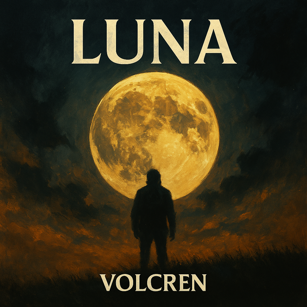 Copertina di un libro o di un poster con una figura umana silhouette che guarda una luna gigante nel cielo notturno, con il titolo 'LUNA' in alto e il nome 'VOLCREN' in basso.