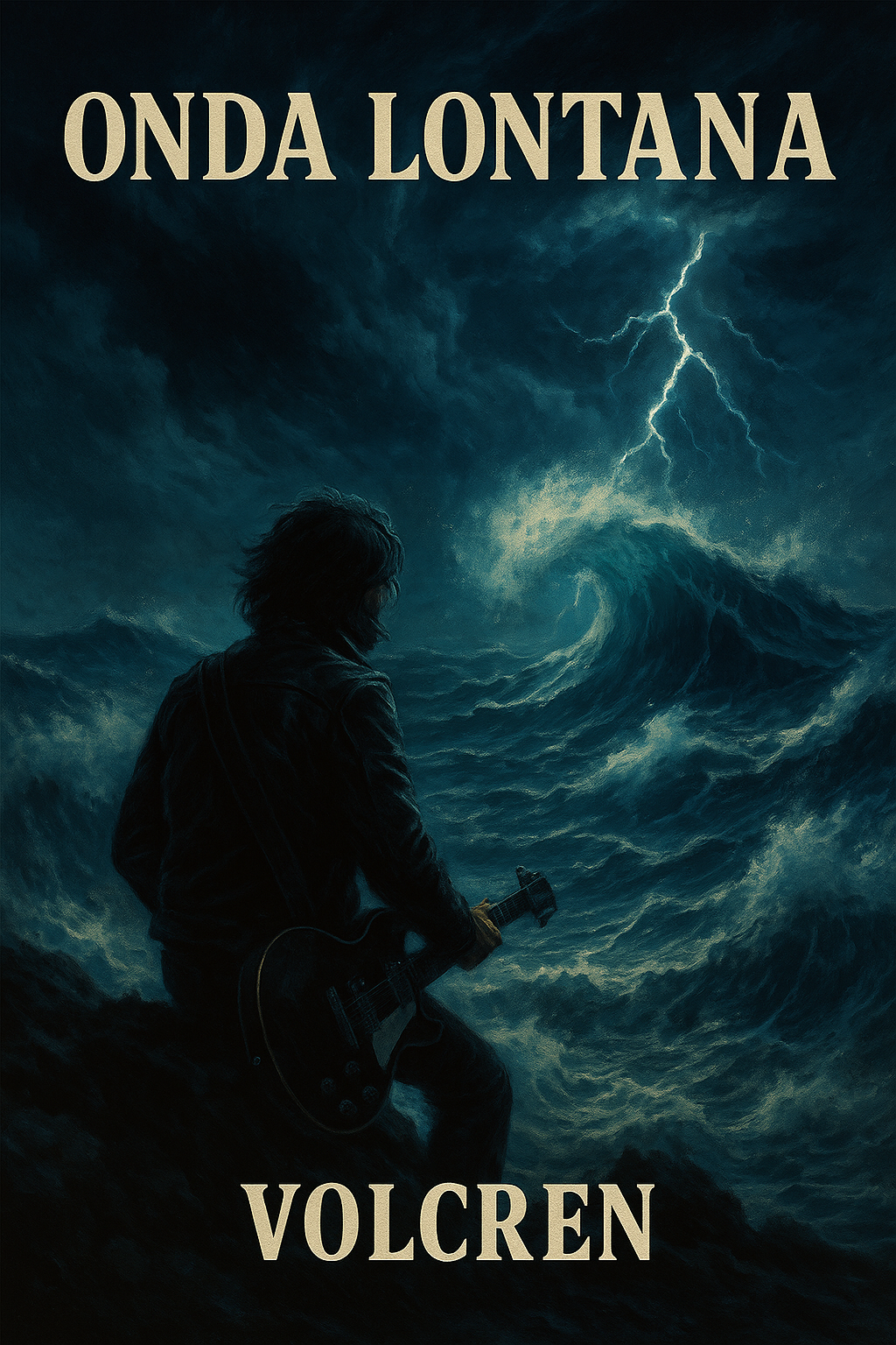 Copertina di un album intitolato "Onda Lontana" di Volcern. Mostra una figura maschile con capelli scompigliati, vestito di nero, assieme a una chitarra, di fronte a un mare in tempesta con onde gigantesche e tuoni nel cielo.