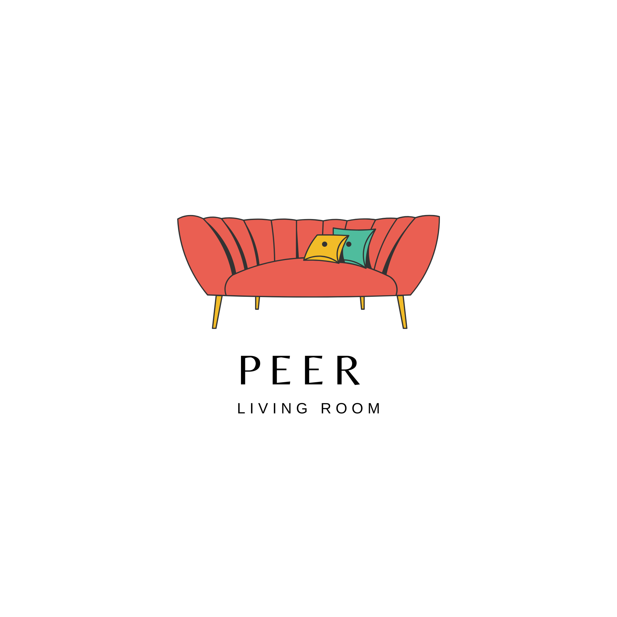 A red sofa with a curved backrest and wooden legs, featuring three cushions in yellow, teal, and beige. The sofa is positioned against a white background with partial text reading "PEER" and "LIVING ROOM" visible underneath.