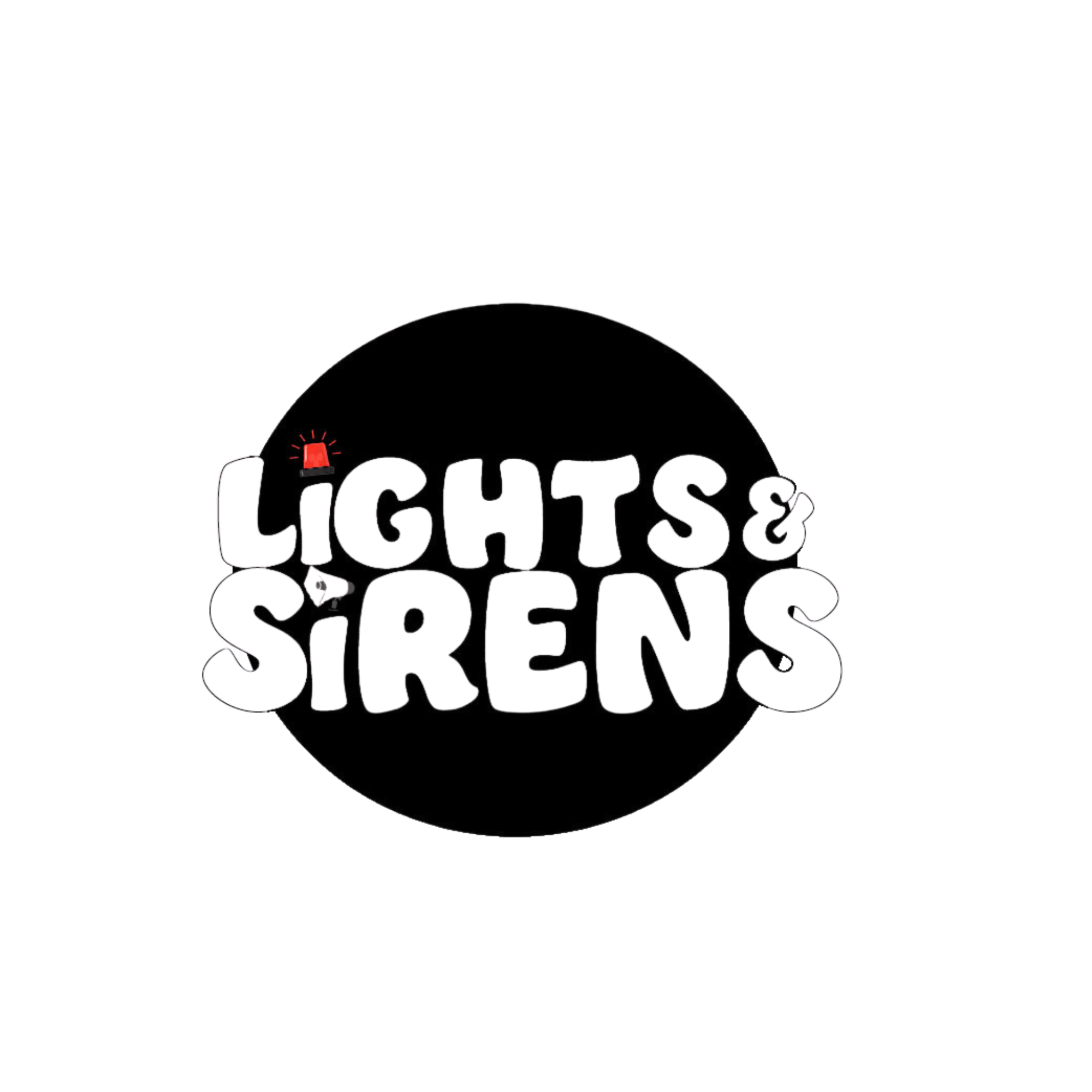 Black circle with white stylized text that reads 'Lights & Sirens' and a red siren light icon on the top left of the text.
