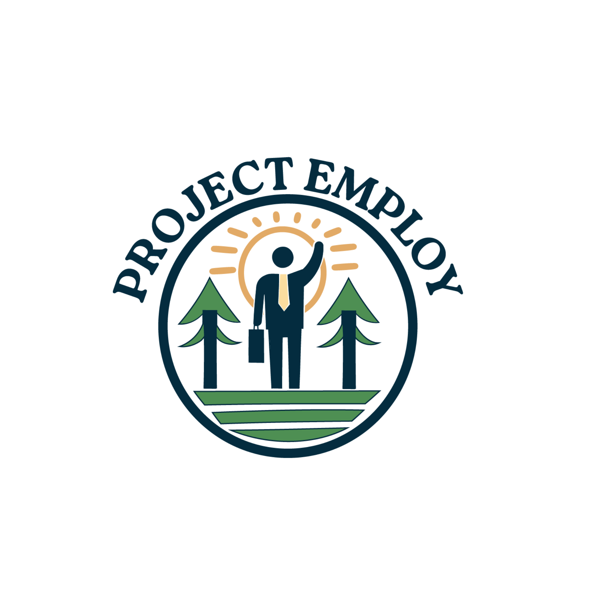 Logo featuring a stylized figure of a person with a briefcase, sunshine, mountains, trees, and the words 'ROJESTEEMROK' surrounding the design.