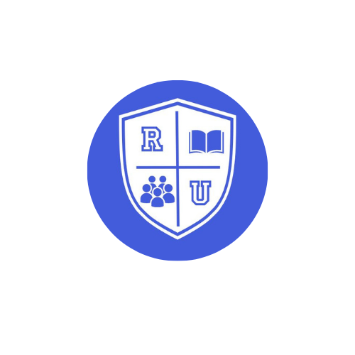 Blue shield logo with four quadrants: letter R, open book, group of people, and letter U.