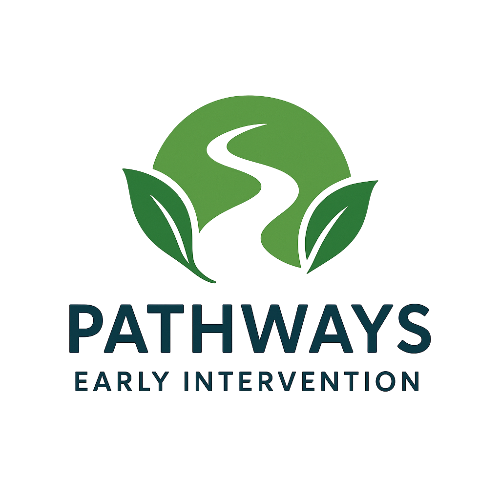 Logo for Pathways Early Intervention featuring a green circle with a winding road and two leaves, with the text 'Pathways Early Intervention' below in dark blue.