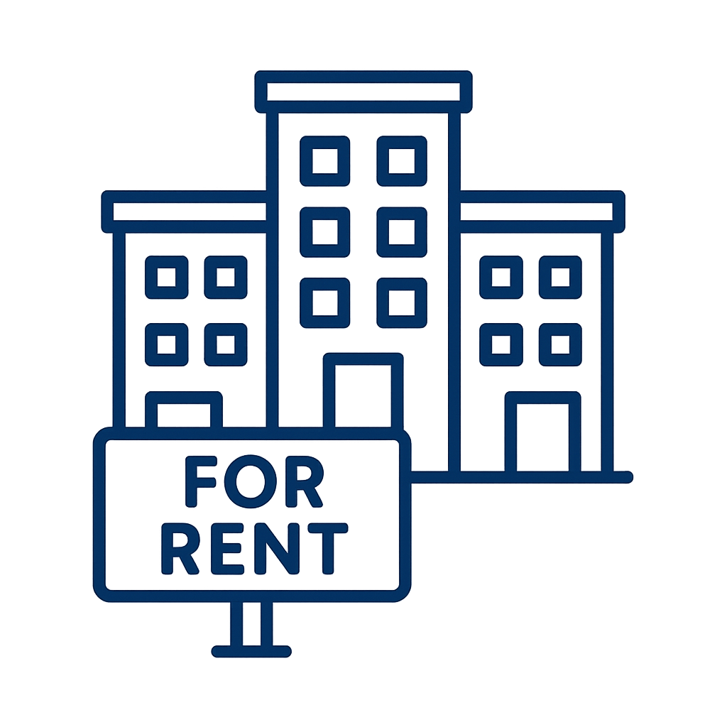 Outline drawing of a multi-story apartment building with a "For Rent" sign in front.