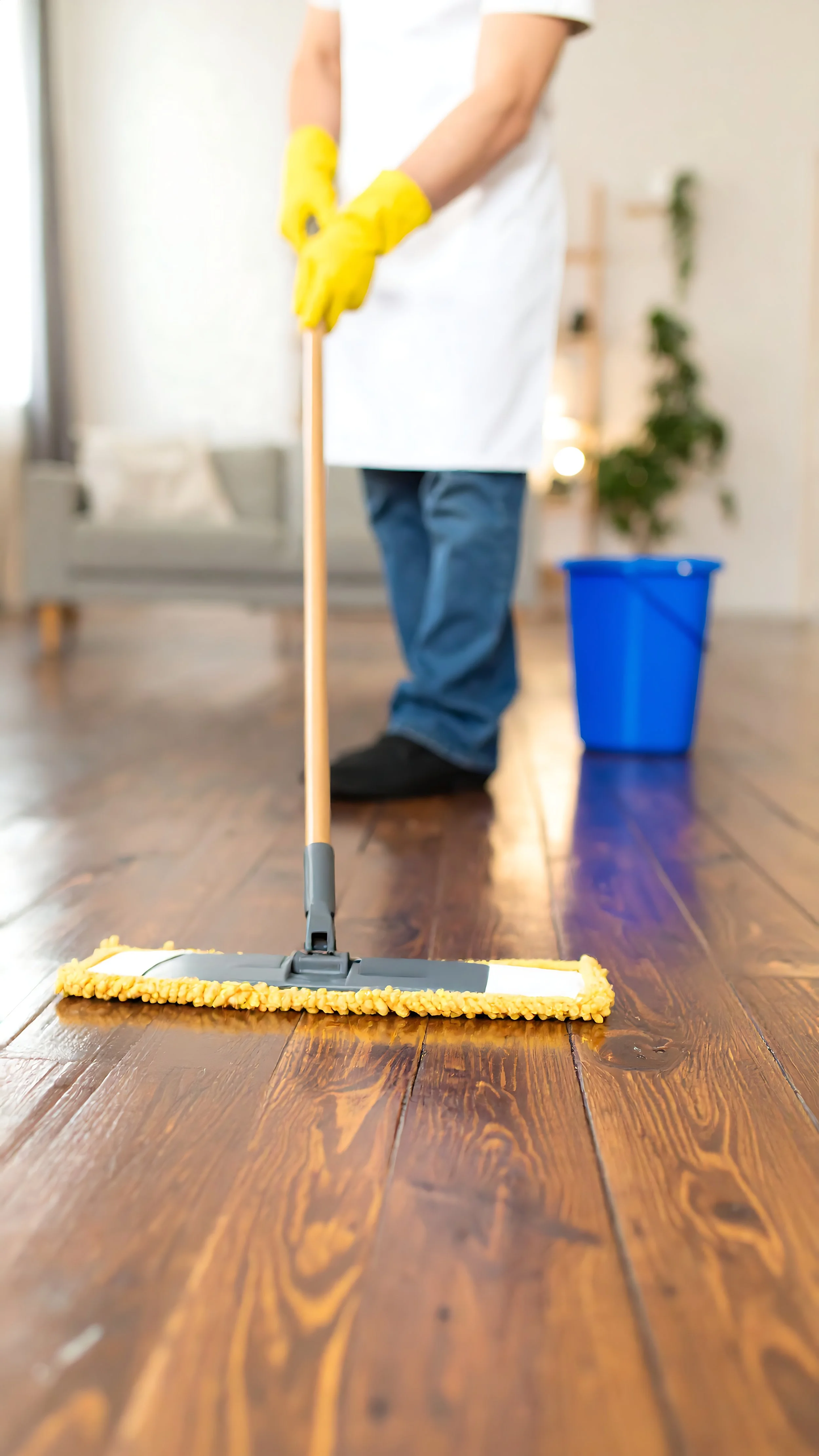 Person cleaning hardwood floor with a mop, wearing yellow gloves, white shirt, and blue jeans, with a blue cleaning bucket nearby.