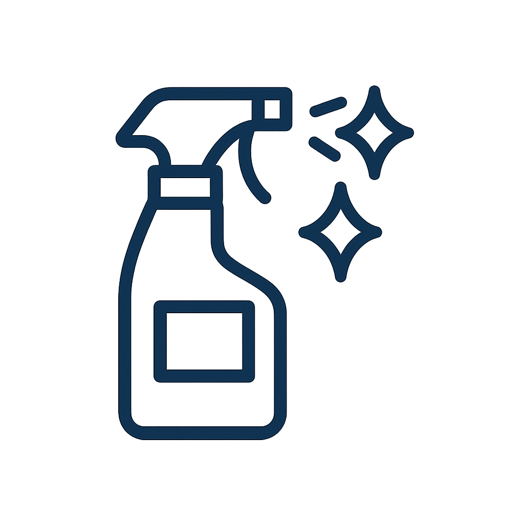 Simple line drawing of a spray bottle with stars or sparkles indicating cleanliness or fresh scent.