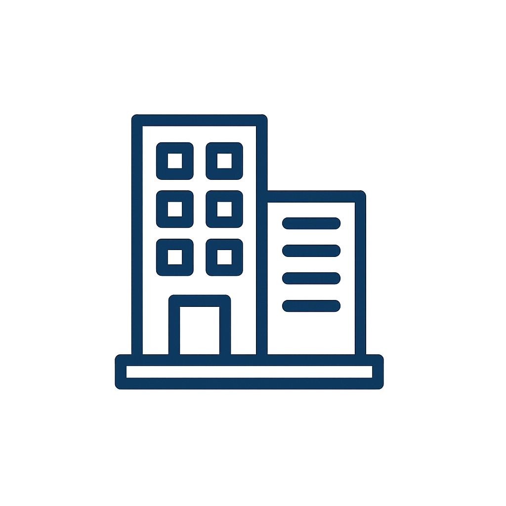 Line drawing of a multi-story office building with vertical windows.