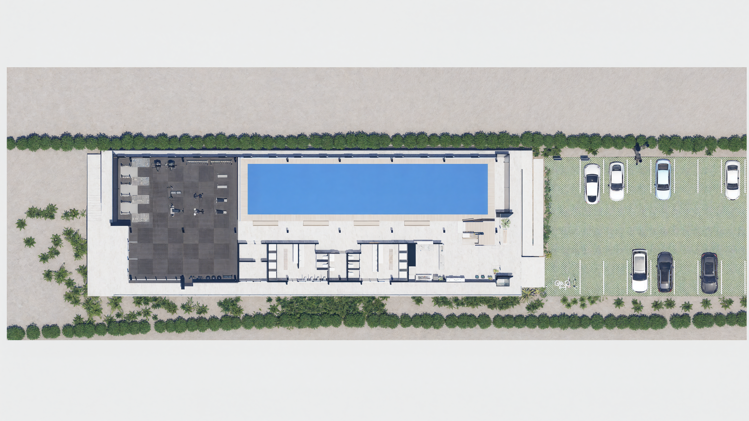 Top-down digital rendering of a modern building with a swimming pool, fitness area, parking lot, and landscaped surroundings.