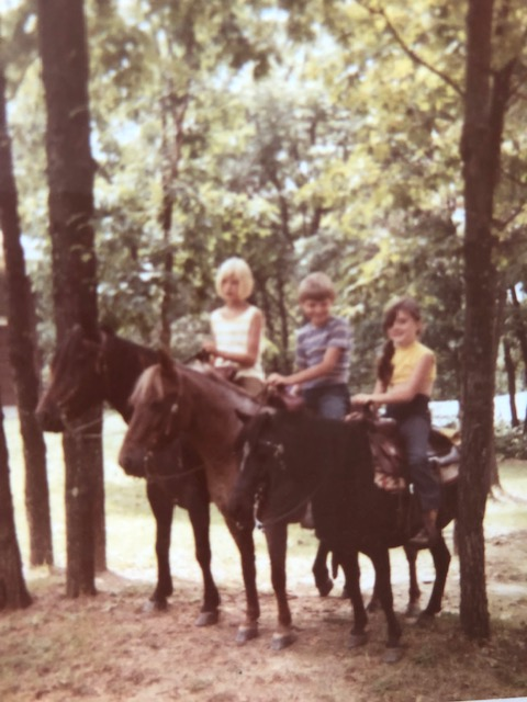 Sandy, Steve and Kari, on Ginger, Tabby, and Midnight, the day we rode from the Leslie's farm on Highway 12 to our home on Hillside Road.