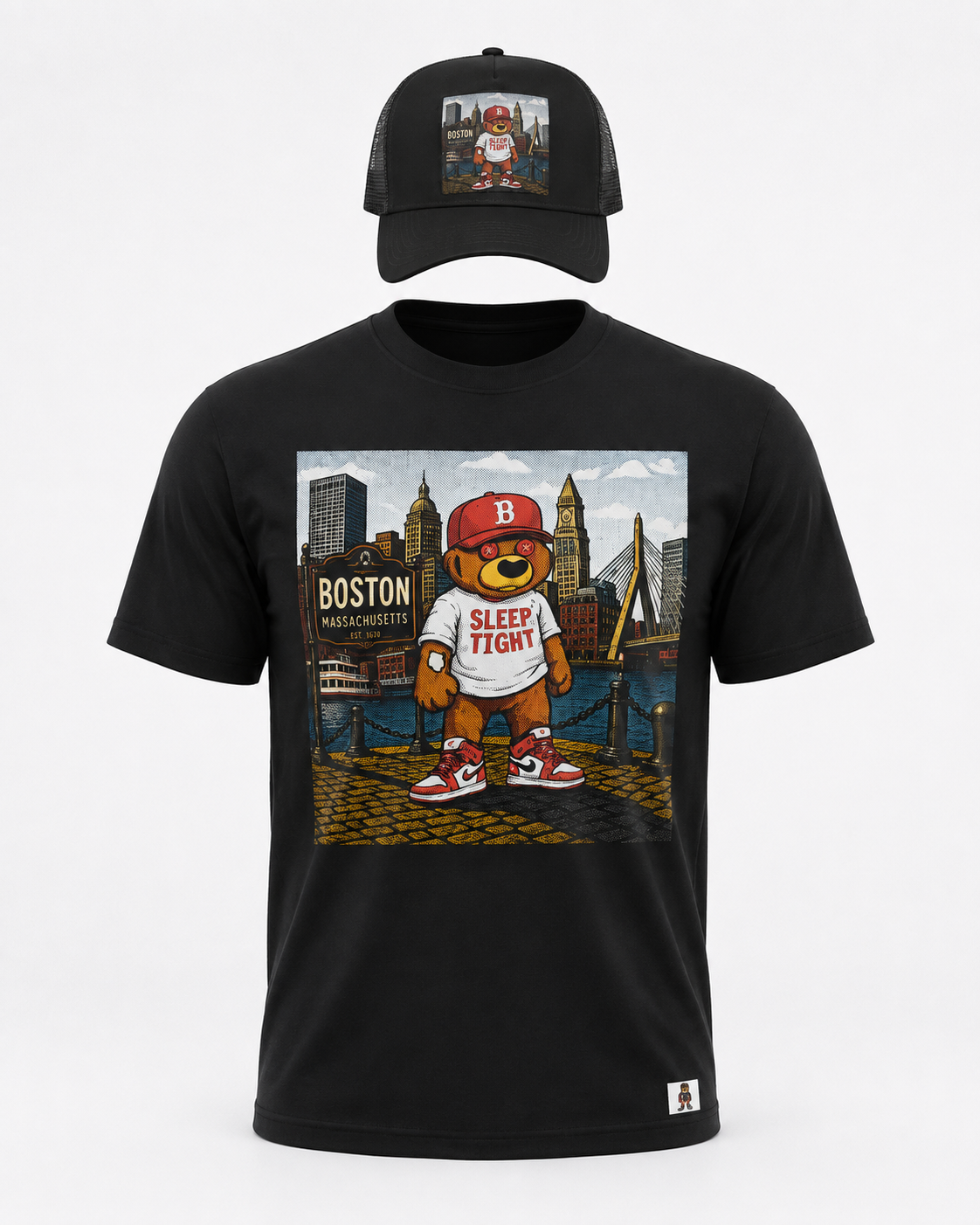 sleep tight boston  hat and shirt