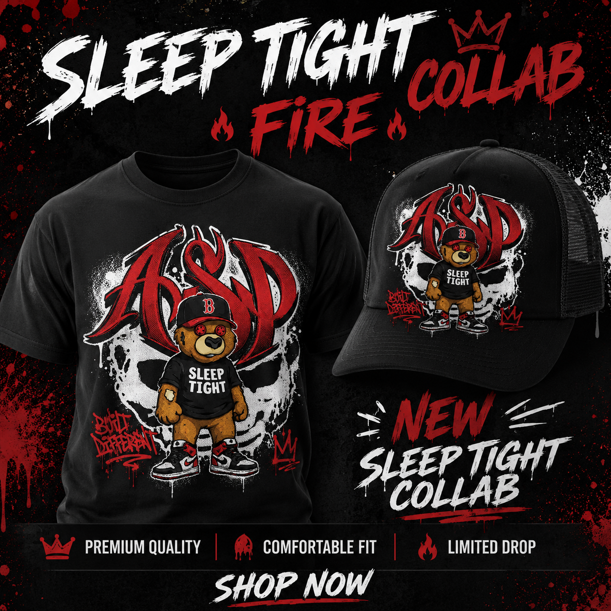 Sleep tight fire collaboration hat, and shirt  ASP/Mort Beazy