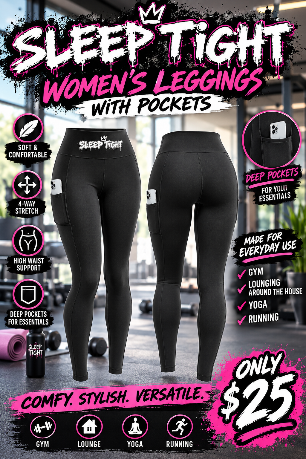 Sleep tight high waisted legging women with pockets