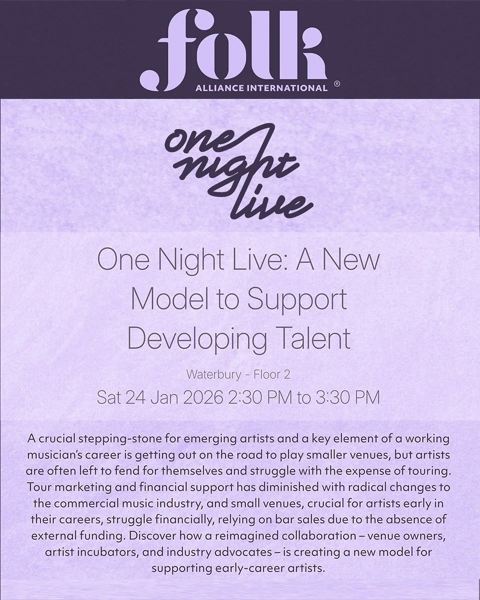 We are thrilled to be speaking about One Night Live this weekend at Folk Alliance International! Swipe to see our featured panelists ➡️

See you there on Saturday Jan 24 at 2:30pm at the Waterbury Room.