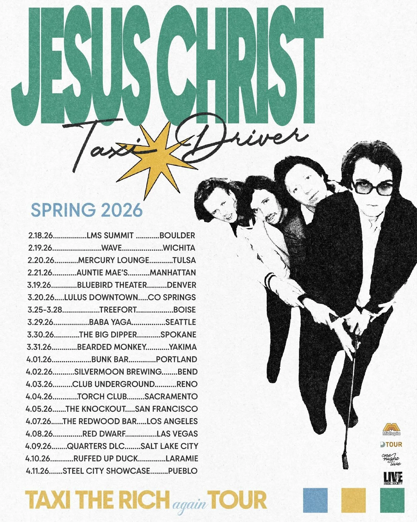 Incredibly excited to be teaming up with @midtopiamusic for the @jc_taxidriver spring 2026 tour! 

Jesus Christ Taxi Driver is a Colorado-based rock band known for their raw, high-energy live shows and sharp, satirical songwriting. Their upcoming sop