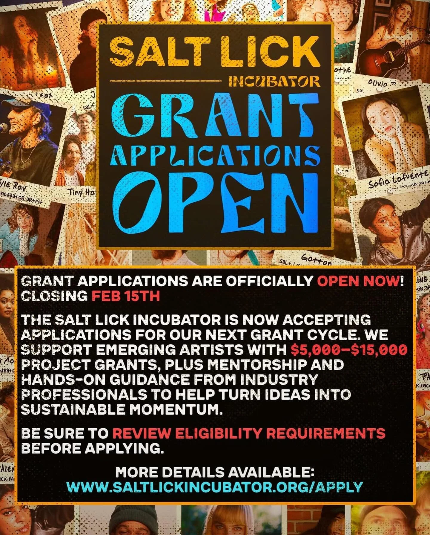 ARTISTS! Our friends over at @salt_lick_incubator have grants for emerging artists open until this weekend. Check out eligibility and guidelines on their site. 

Salt Lick Incubator grants support emerging artists working in melody and lyric-driven m