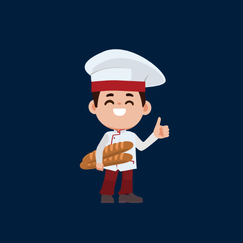 image d'un boulanger en tenue professionnelle et tenant deux pains sous le bras, large sourire et pouce gauche levé en l'air en guise de bien-être