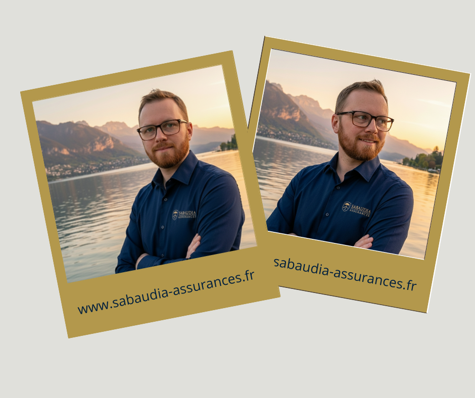 Deux photos d'un homme à lunettes avec barbe rousse et bras croisés, chemise bleue marine avec logo sabaudia assurances en doré sur le coeur. sur l'une des photos l'homme regarde ailleurs côté droit. les deux photos sont dans un décor du lac d'annecy