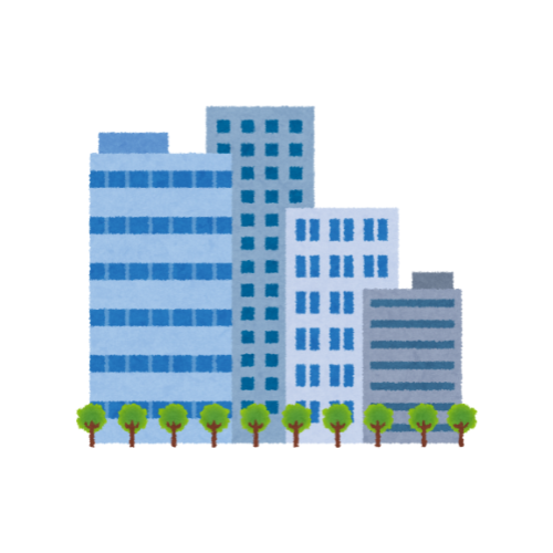 image d'un ensemble d'immeubles, building bleu et gris devant un lignée d'arbre, représente l'assurance multirisques entreprises