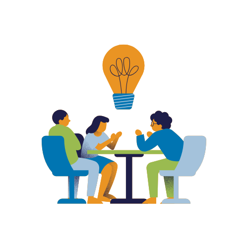 image de trois salariés autour d'une table ronde qui partagent leurs idées représentées par une grosse ampoule jaune au dessus la table