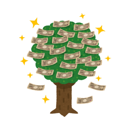 image d'un dessin d'un arbre vert avec beaucoup de billets de banque dans ses feuilles pour représenter l'investissement financier comme si on avait planté une pièce de monnaie pour récolter un arbre de billets maintenant