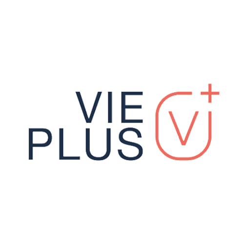 Logo de 'VIE PLUS' avec un symbole de laboratoire et un signe plus rouge.