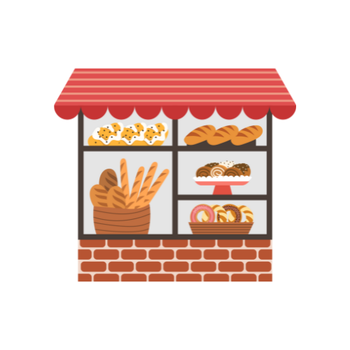 image de dessin représentant un commerce boulangerie patisserie viennoiserie avec des briques rouges en bas mur sous la vitrine et un store rouge rayé au dessus des aliments