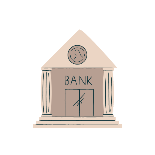 image d'un dessin d'un établissement bancaire beige portes closes avec colonnes grecques ou romaines, representant l'assurance emprunteur