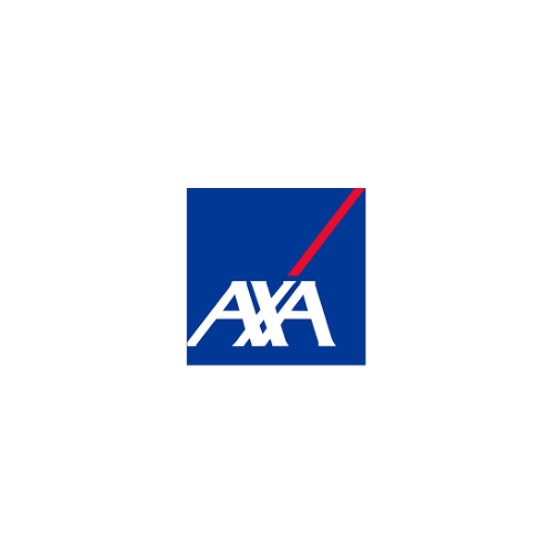 Logo AXA avec un fond blanc, comprenant un carré bleu et une ligne rouge inclinée.