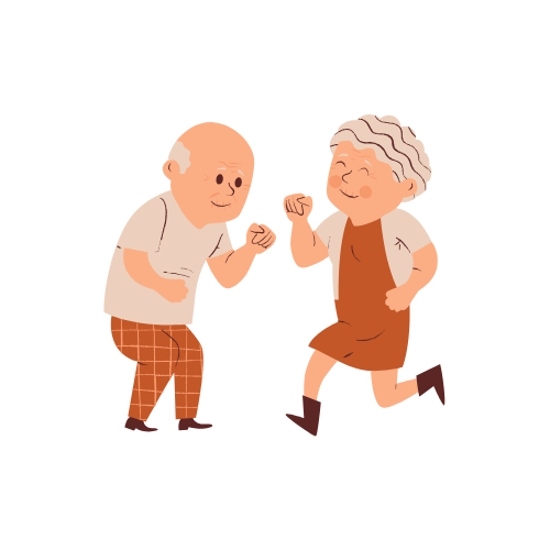 image d'un vieux monsieur et d'une vieille dame aux cheveux gris qui dansent l'un face à l'autre et semblent heureux et en bonne santé, représentant l'assurance retraite proposée