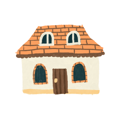Image de dessin d'une maison beige et marron en béton avec une porte et quatre fenetres dont deux sur la toiture, représentant l'assurance habitation