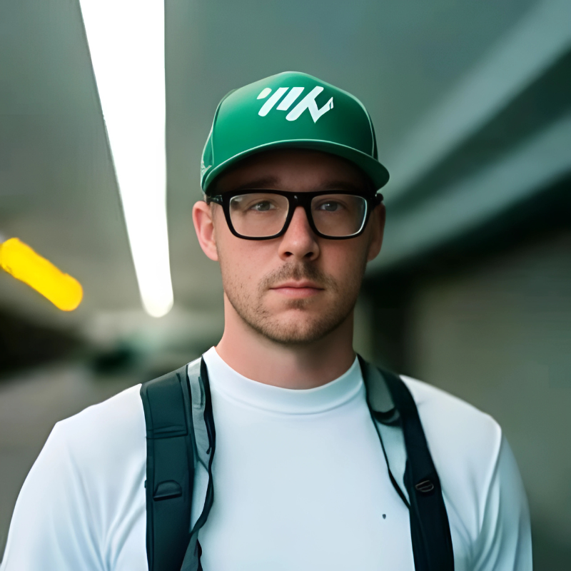 Portrait of a young man wearing glasses, a green baseball cap, and a white shirt, carrying a backpack, standing in an indoor corridor.