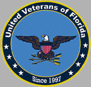 Emblem of the United Veterans of Florida, featuring an eagle with outstretched wings holding a shield with stars and stripes, surrounded by a blue circle with gold border and white text.