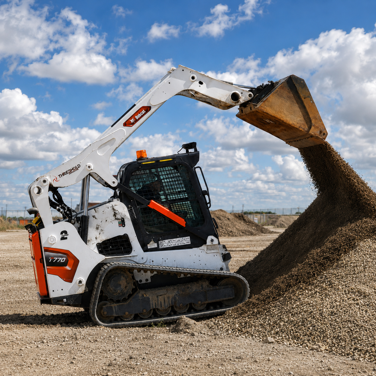 A small tracked excavator pouring soil onto a mound at a construction site under a partly cloudy sky.