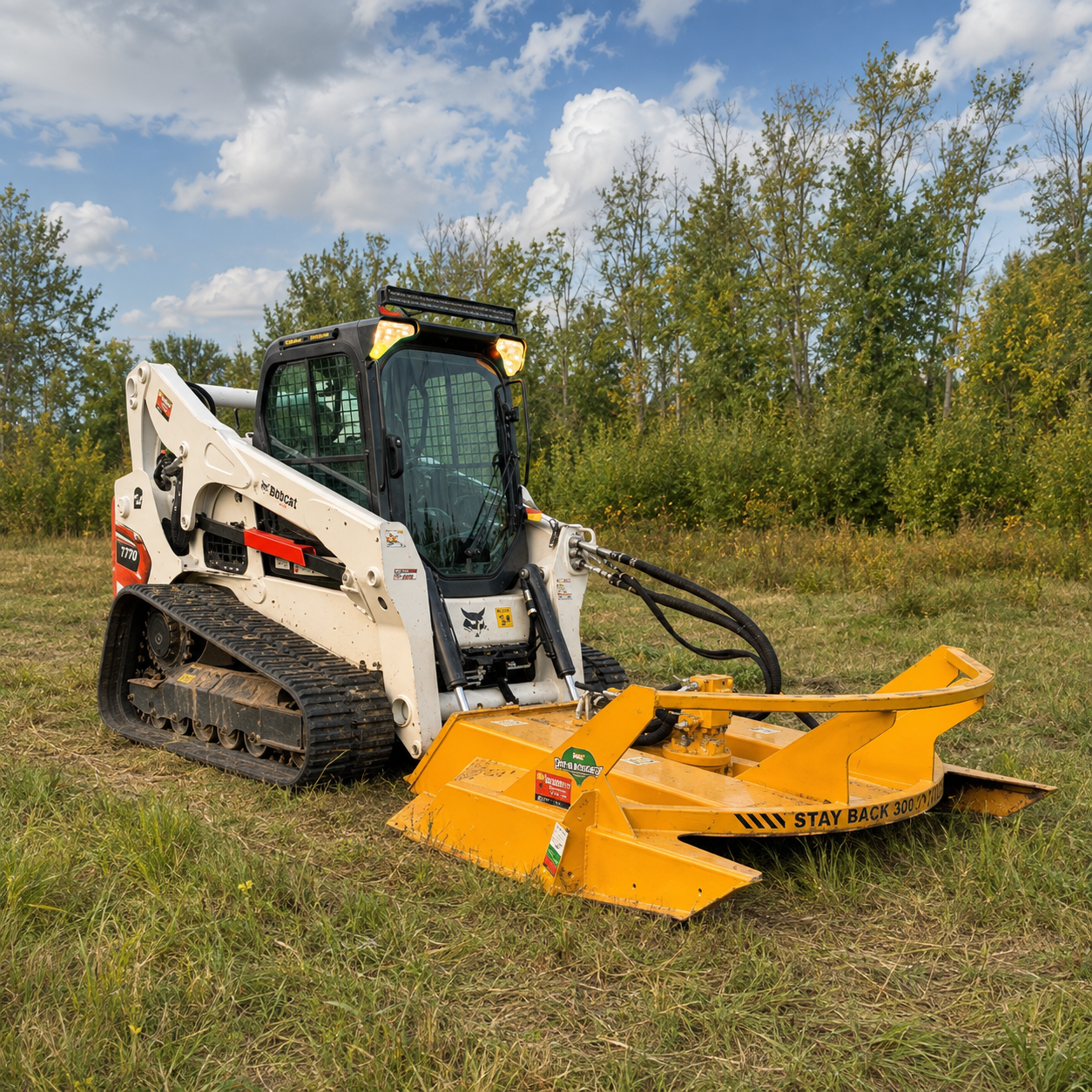 A white Bobcat mini track loader with a yellow cutting attachment on a grassy field, with trees and a partly cloudy sky in the background.