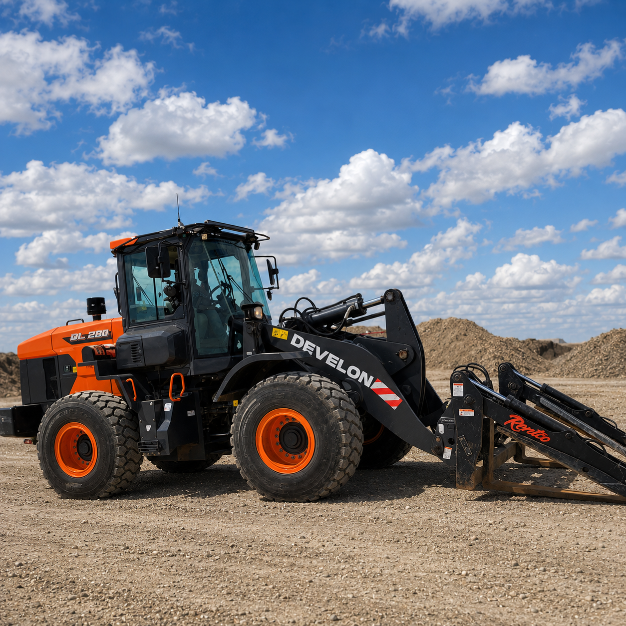 A large black and orange Develon wheel loader on a construction site with dirt and mounds of earth, under a bright blue sky with scattered white clouds.