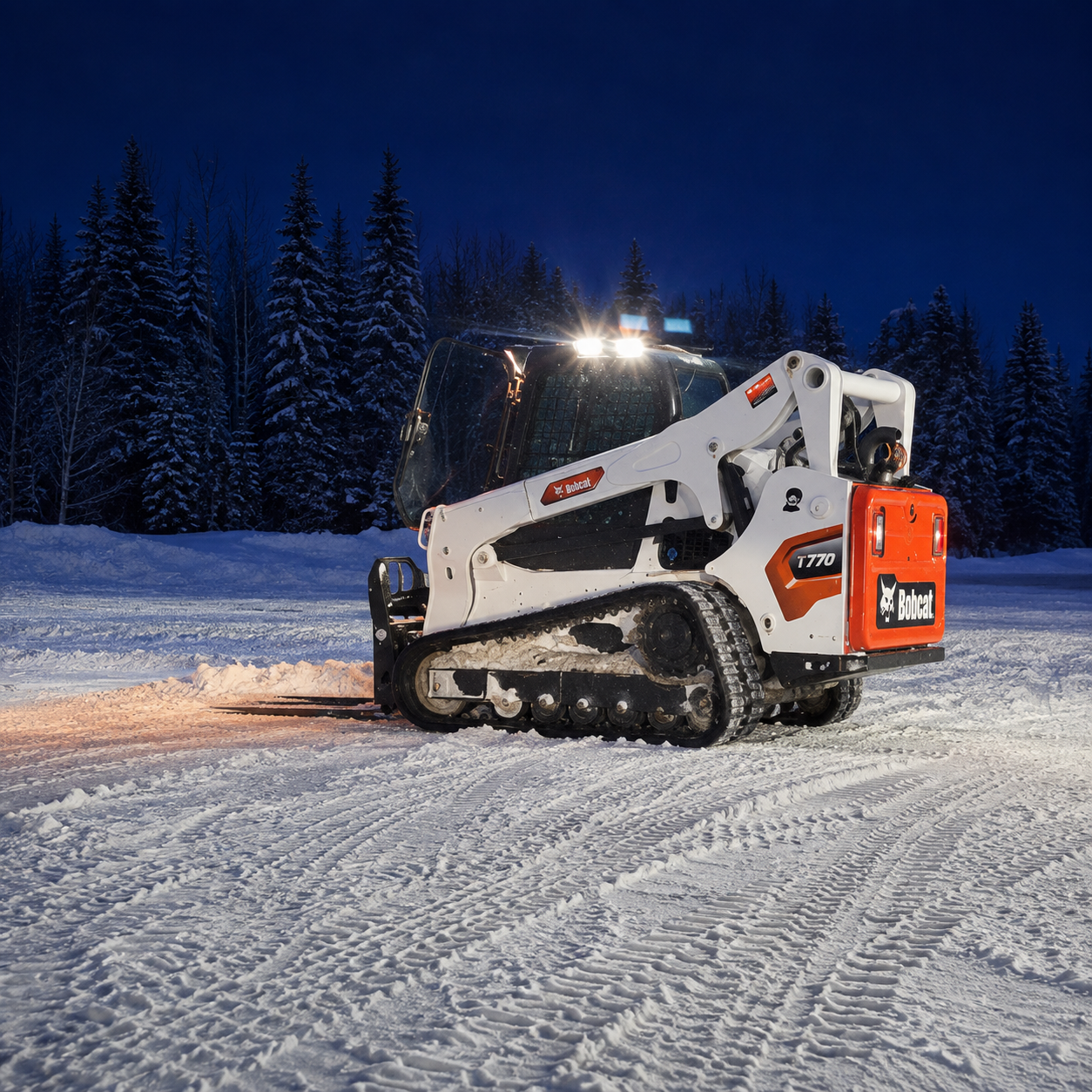 A white Bobcat T770 compact track loader operating on snow in a forested area at dusk, with snow-covered trees in the background and the machine's lights on.
