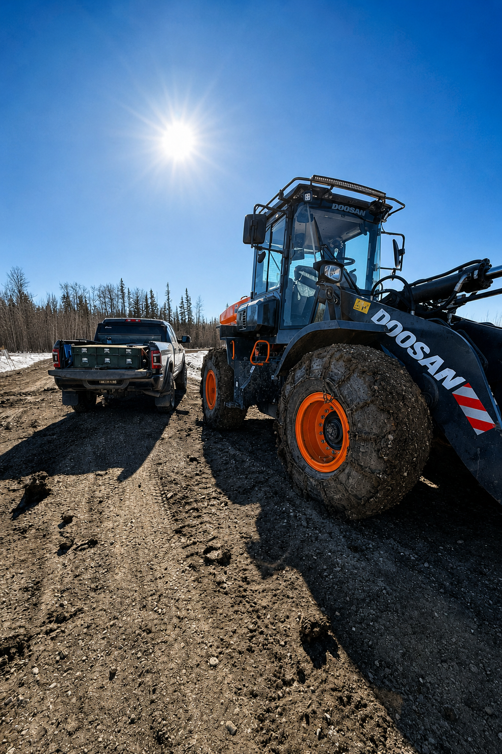 A construction site featuring a large blue and orange Doosan wheel loader with dirty tires and a pickup truck with a green crate in its bed, all under a sunny blue sky with a few trees on the horizon.