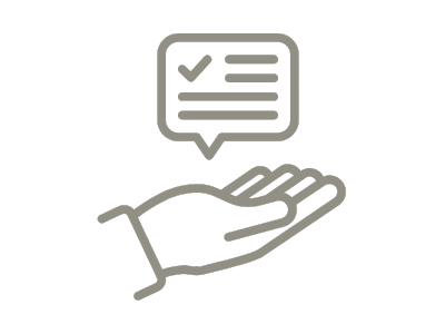 Outline drawing of a hand holding a speech bubble with a checkmark and lines inside, indicating communication or approval.