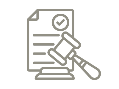 Icon of a document with a checkmark, a magnifying glass, and a gavel.
