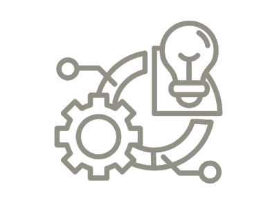 Line art illustration of a gear, a light bulb, and interconnected lines representing ideas and innovation.
