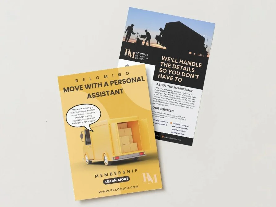 Flyers for Relomigo, one offering moving with a personal assistant, and the other about handling details during a move. The first flyer shows a yellow moving truck with boxes inside and a speech bubble, and the second features silhouettes of people loading a truck at sunset with text about handling details.