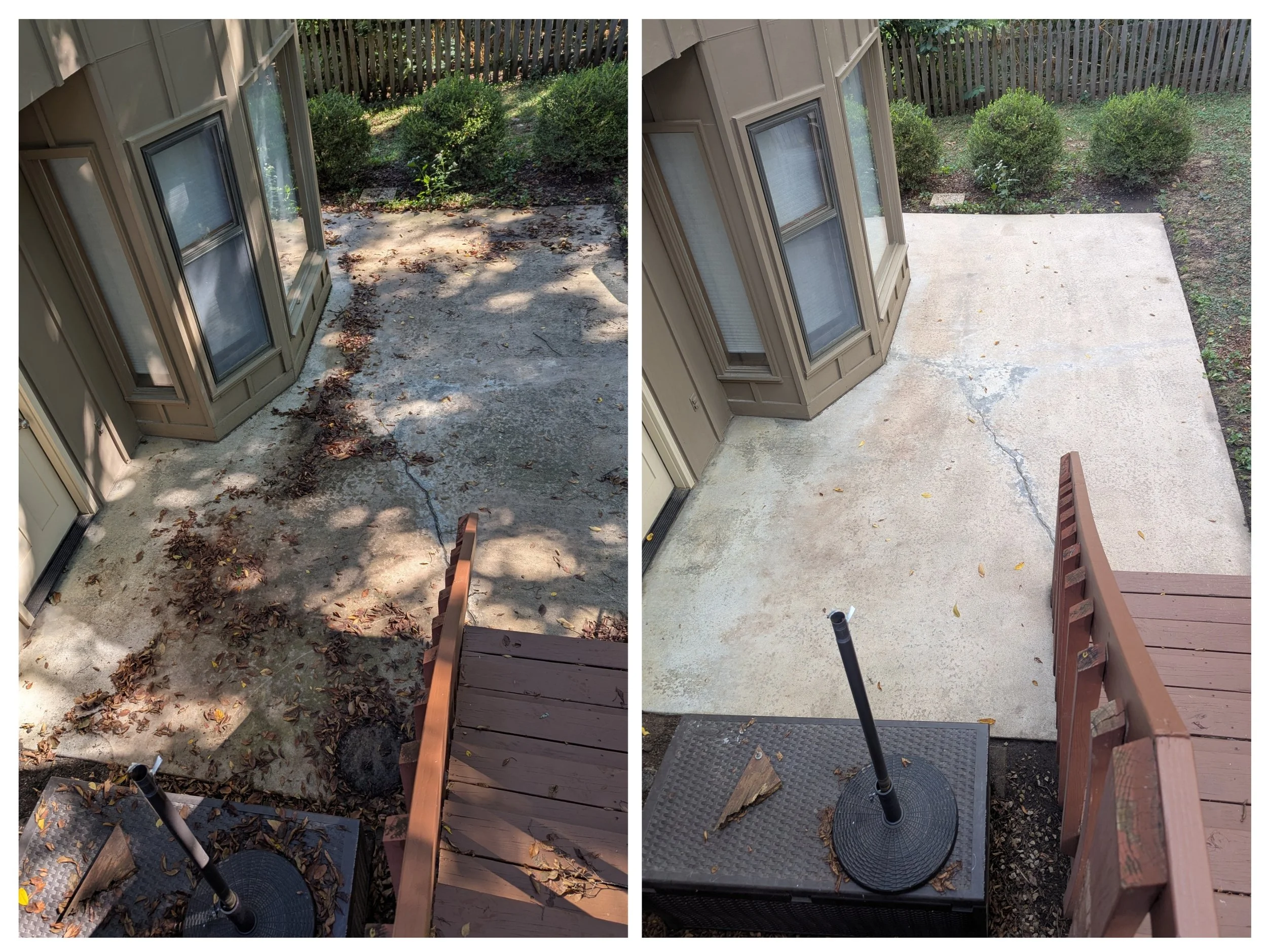 Side-by-side comparison of a backyard patio before and after cleaning. The left shows a dirty concrete surface with leaves, dirt, and stains, while the right shows a clean, cleared, and brighter concrete area.