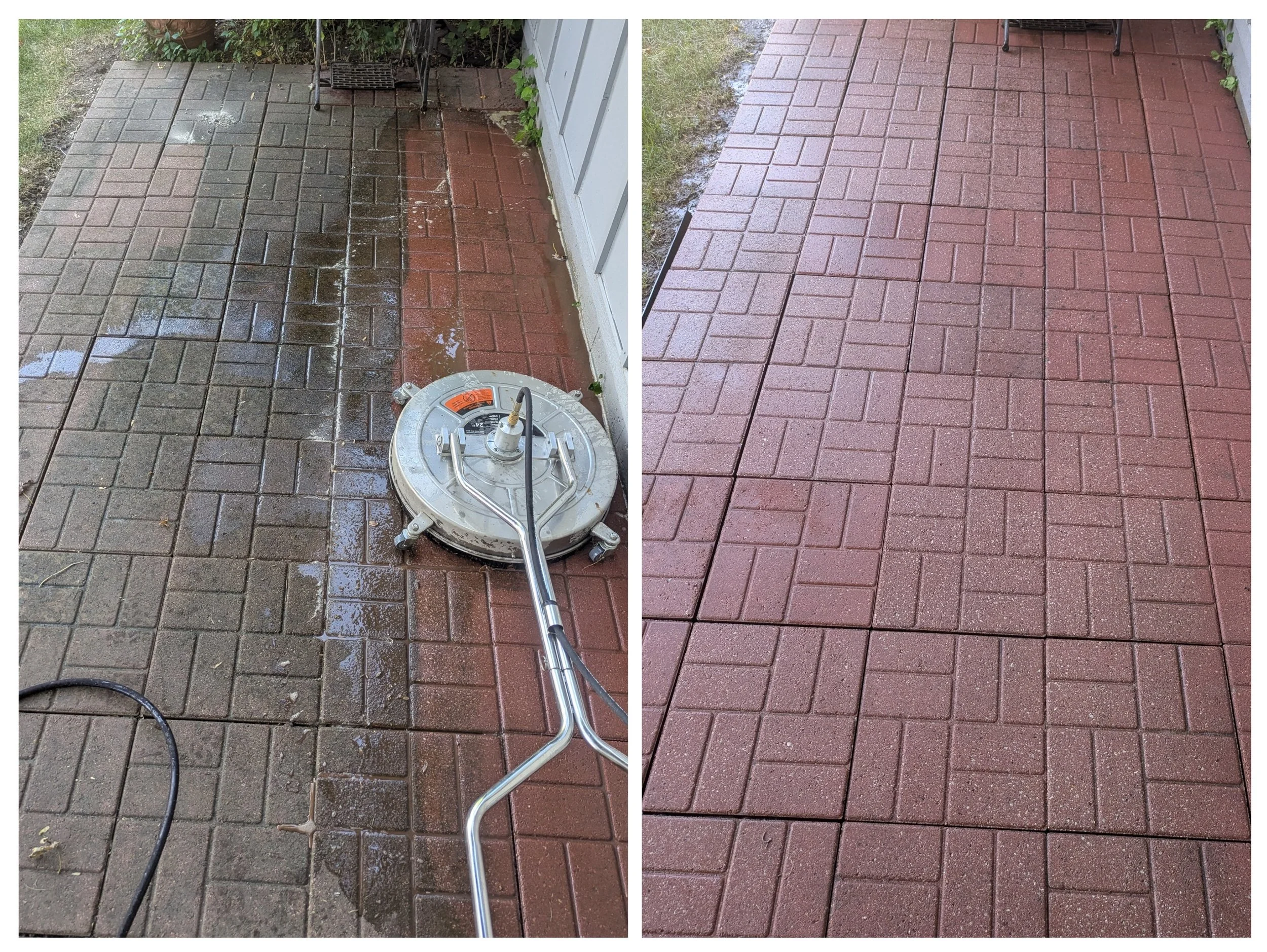 Side-by-side comparison of a brick patio before and after pressure washing. The left side shows the patio with dirt and grime, while the right side shows the clean, reddish-brick patio after cleaning.
